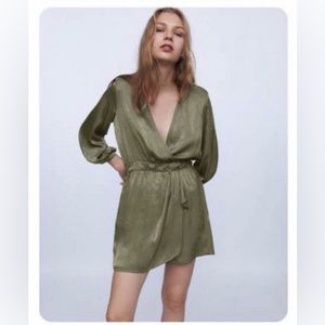 Zara Long sleeve Romper Green Satin with Skirt in front
